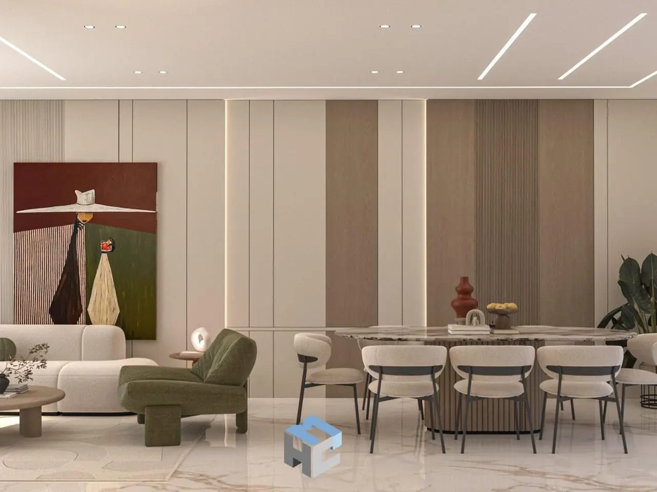 Illustration of Bchamoun 2628 dining room with part of living room