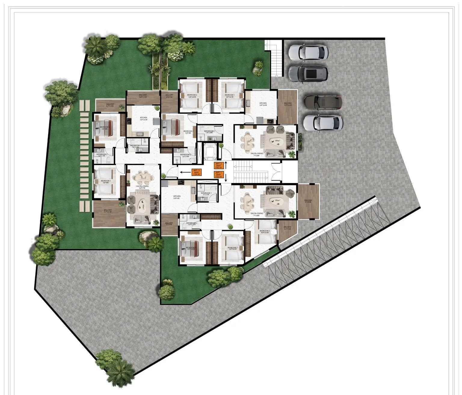 Illustration of Bchamoun 2628 ground, 1st, and 2nd floor plan