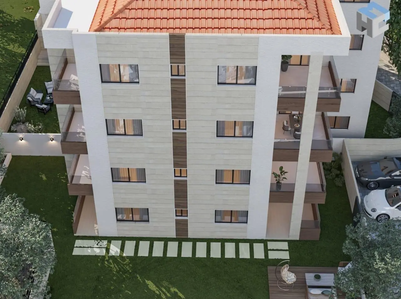 Illustration of Bchamoun 2628 building top-down view