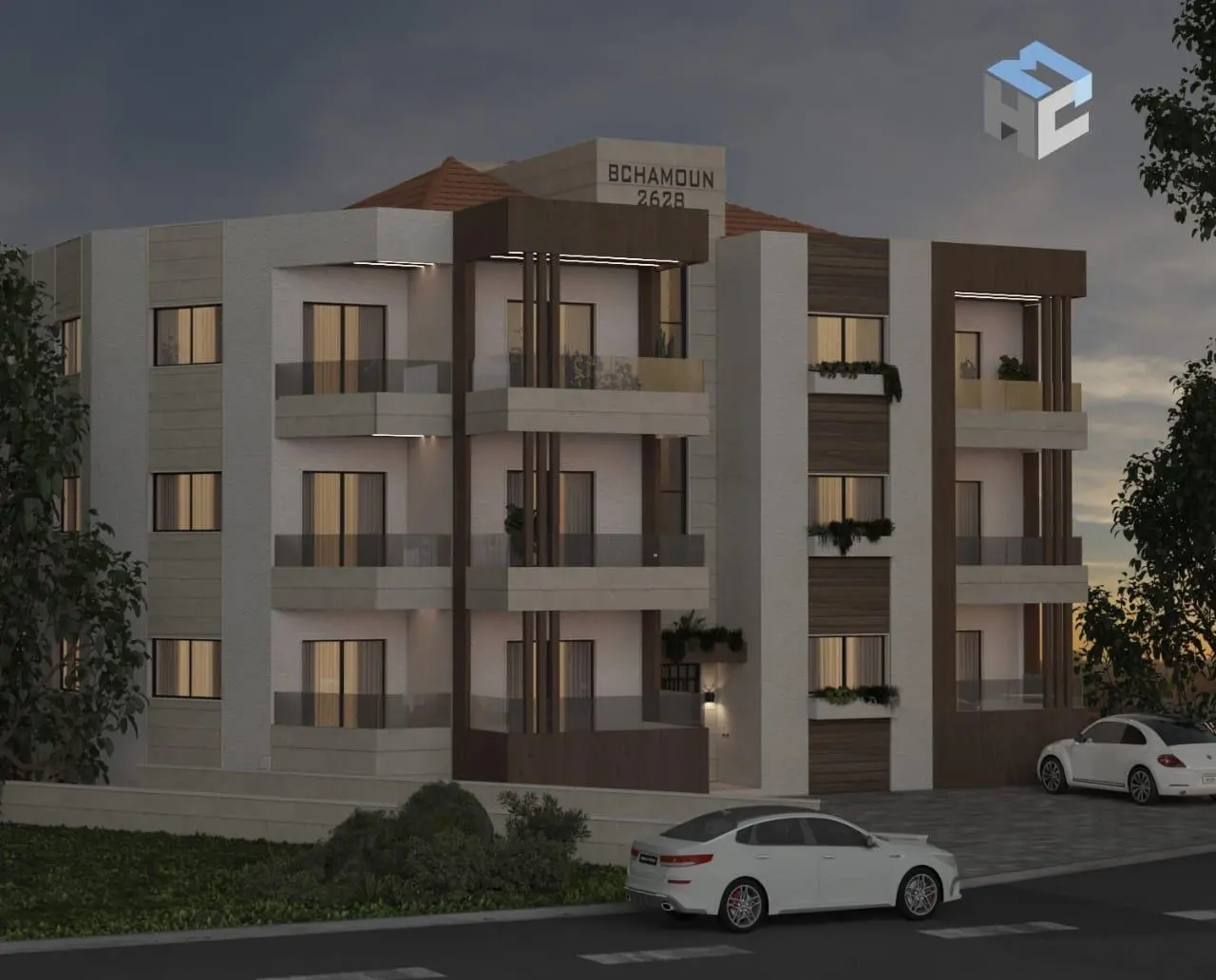 Illustration of Bchamoun 2628 building front view at night