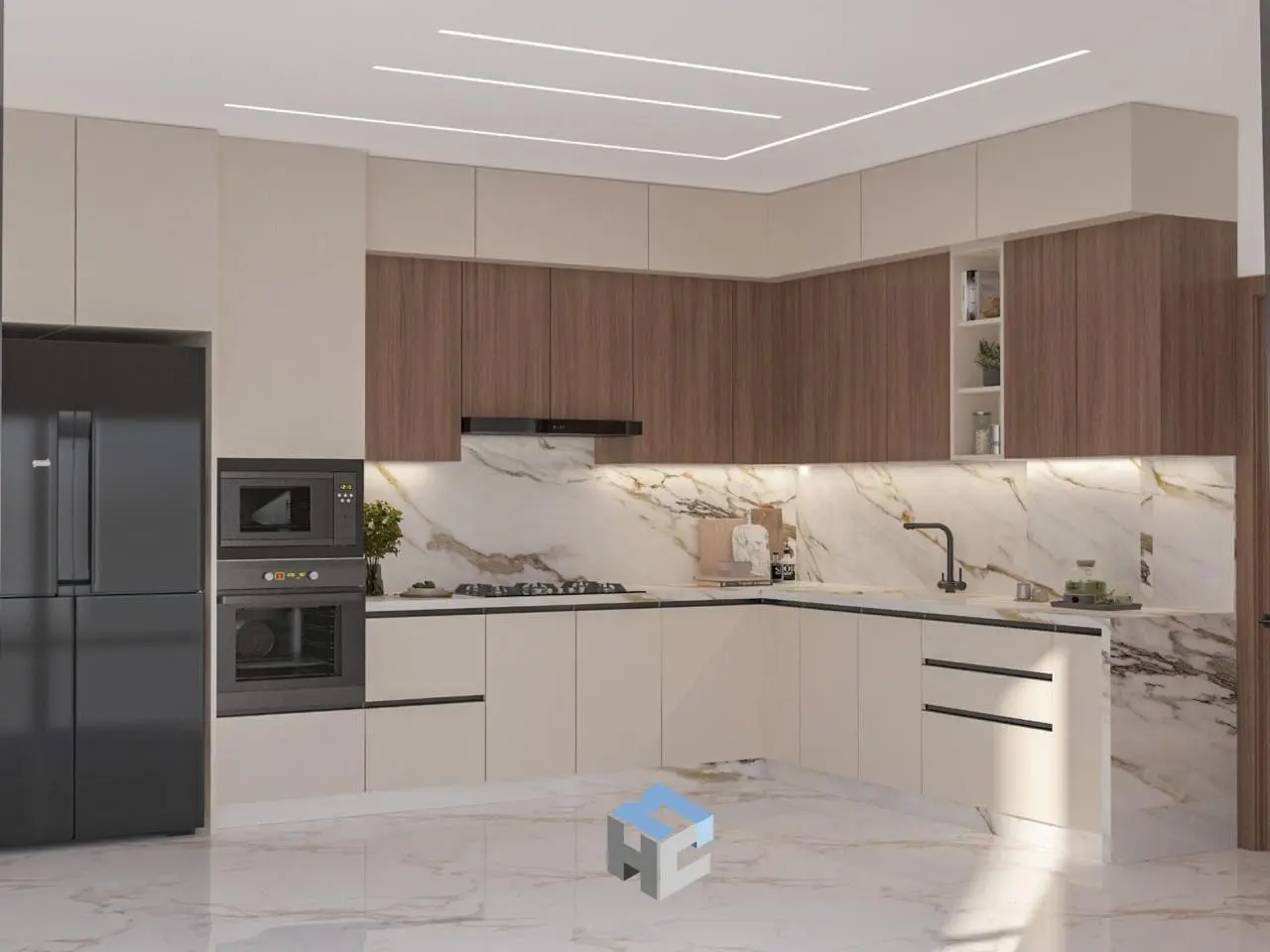Illustration of Bchamoun 2628 kitchen with fridge, oven, and cabinets