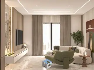 Illustration of Bchamoun 2628 living room viewed from dining room