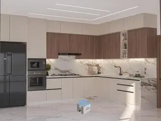 Illustration of Bchamoun 2628 kitchen with fridge, oven, and cabinets