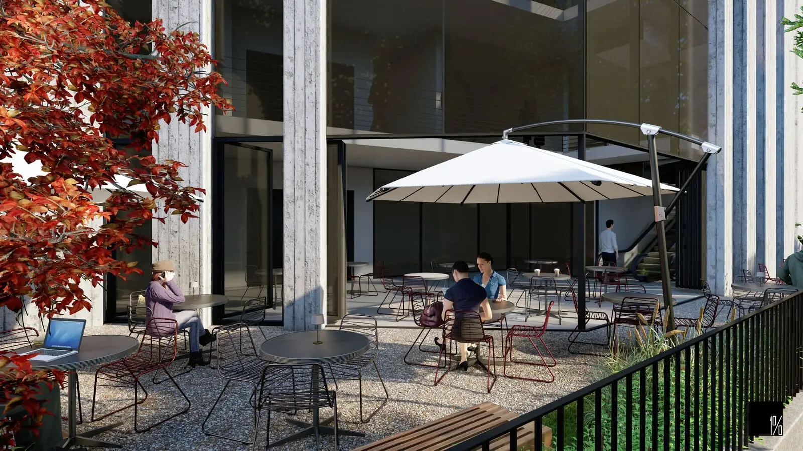 Commercial building, outdoor seating and social area